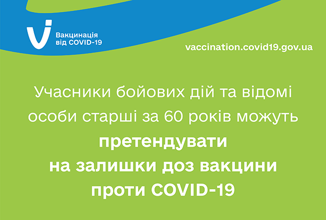 Учасники бойових дій та відомі особи старші за 60 років можуть претендувати на залишки доз вакцини проти COVID-19