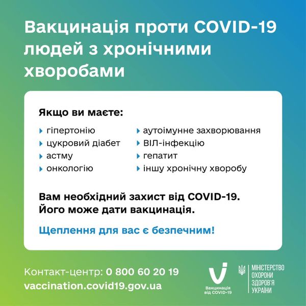 Вакцинація людей з хронічними хворобами може врятувати життя та полегшити перебіг COVID-19! Адже вірус не обирає та б’є у найуразливіші місця!